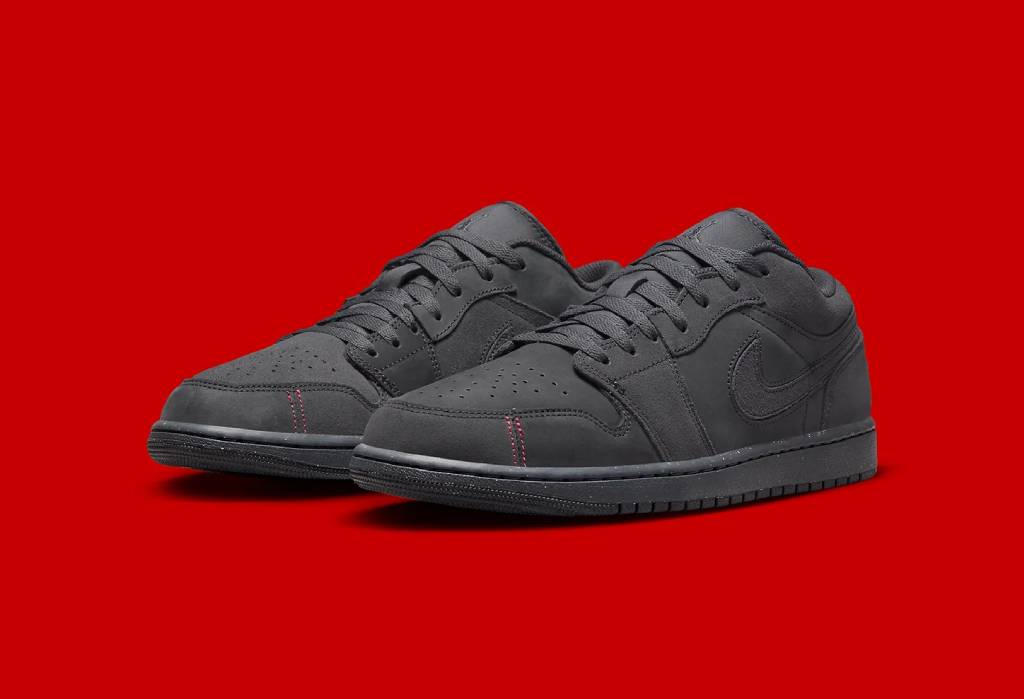Air Jordan 1 Mid Triple Black with University Red Stitching