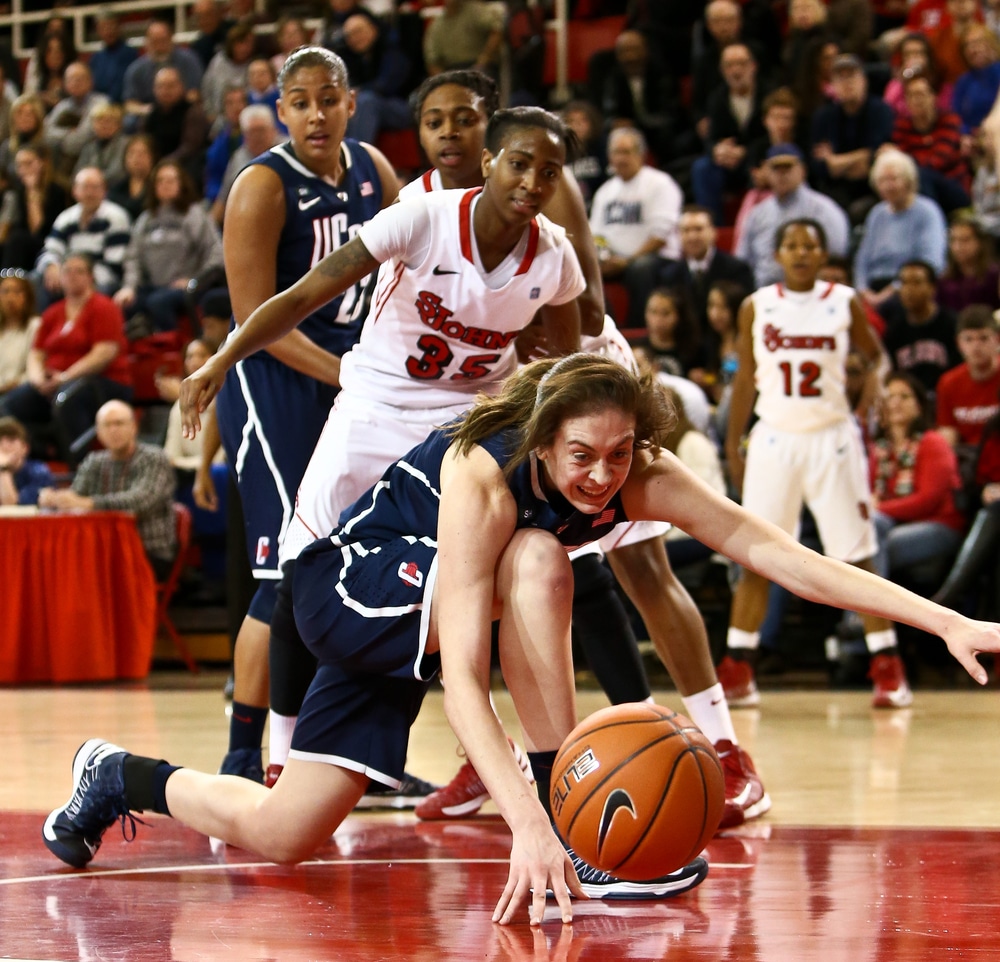 JAMAICA-FEB 2: Connecticut Huskies forward Breanna Stewart (30) and St. John's Red Storm guard Shenneika Smith (35) battle for the ball at Carnesecca Arena on February 2, 2013 in Jamaica, New York.