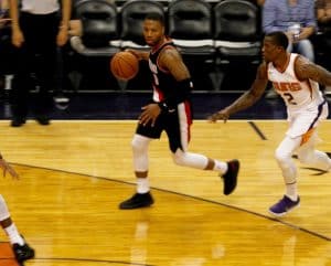 Damian,Lillard,Point,Guard,For,The,Portland,Trailblazers,At,Talking - HQZ Damian Lillard point guard for the Portland Trailblazers at Talking Stick Resort Arena in Phoenix Arizona USA October 11,2017.
