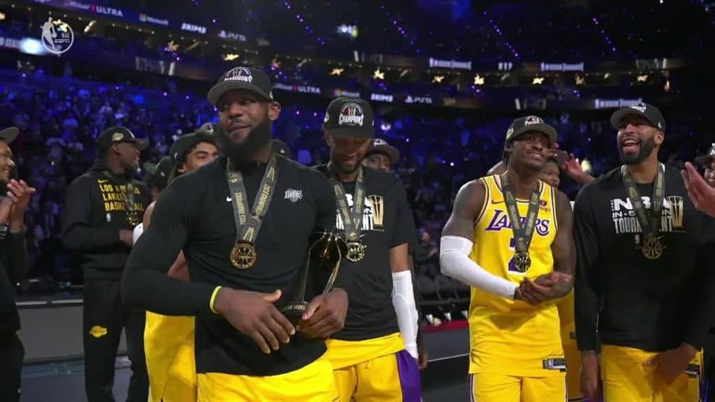 LeBron James is awarded with the first-ever In-Season Tournament MVP award after the Los Angeles Lakers defeat the Indiana Pacers, 123-109. - HQZ LeBron James is awarded with the first-ever In-Season Tournament MVP award after the Los Angeles Lakers defeat the Indiana Pacers, 123-109.