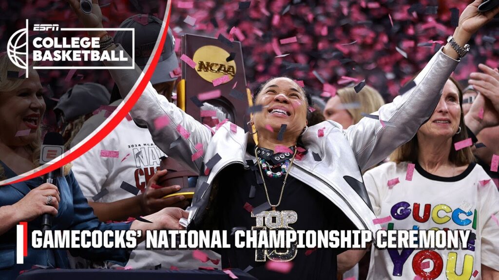 No. 1 South Carolina Gamecocks join Holly Rowe for the presentation of the 2024 NCAA Women's Basketball National Championship trophy