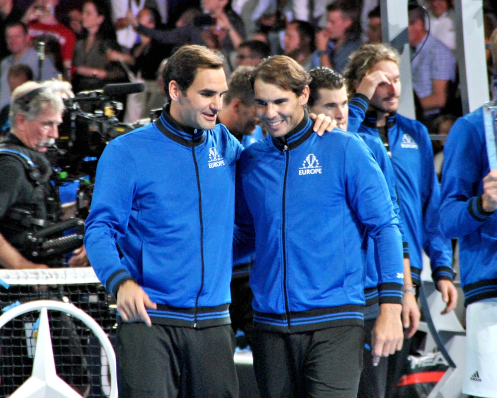 GENEVA, SWITZERLAND - SEPTEMBER 22, 2019: Roger Federer and Rafael Nadal smiling after Team Europe's victory against Team World, in Geneva Palexpo Centre