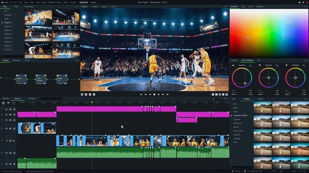 Basketball Championship Color Grading Software UI. Super Cool Stylish Editing in AI Application Tool that Transform Tournament Highlights, Goals and Victories in an Advanced Mock-up User Interface