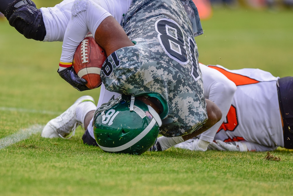 High school football player in for the touchdown.